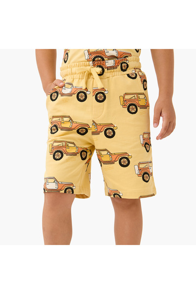 Juniors All-Over Vehicle Print Shorts with Drawstring Closure