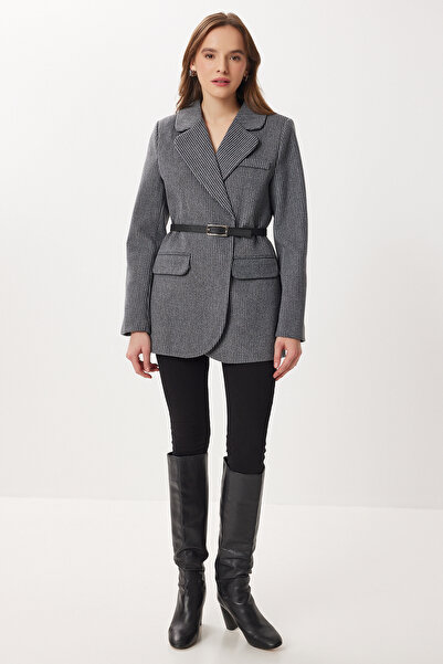 Lovelyİstanbul Belted Striped Cashmere Blazer Jacket Lfn0144 Gray