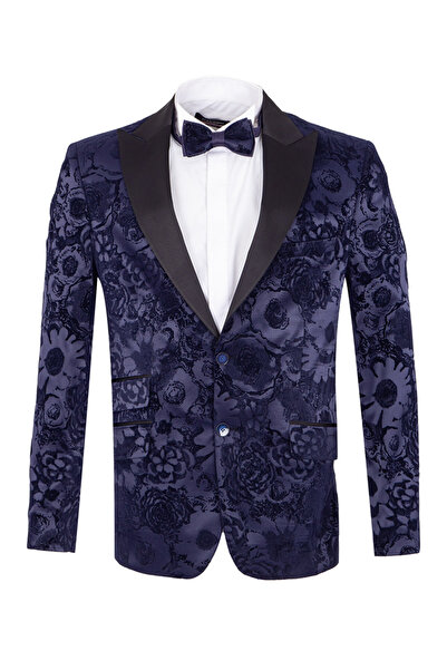 OSCAR BANKS Premium Lacivert Kadife (Velvet) Jakar Smokin Ceket - Kabartma Çi...