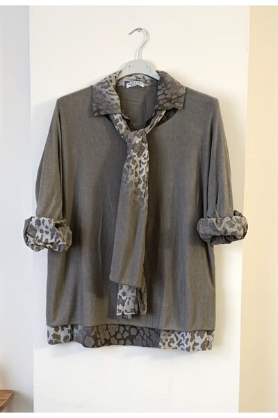 Butik Şans Leopard Print Shawl Detailed Italian Knitwear Blouse Shirt Three-Piece Set