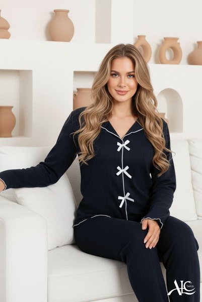 alc teks Women's Pajama Set with Bow Detail Long Sleeve Navy Blue Color Report Interlock