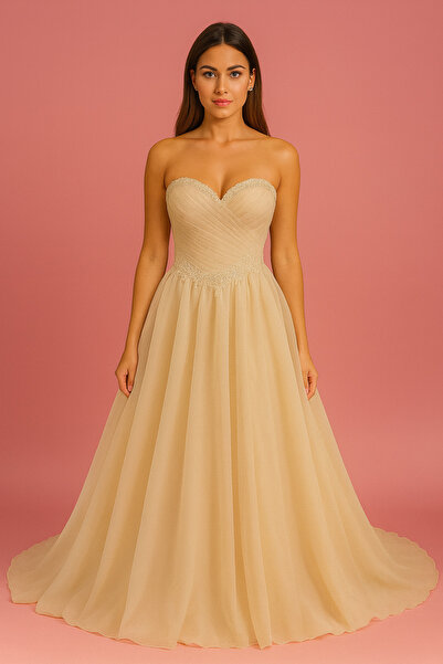 Hüseyin Baştürk Şampanya Şifon Straplez Zarif Tasarım