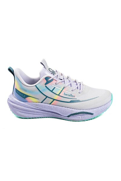 Benetton Women's White Lilac Turquoise Colored Detailed Thick Sole Sports Sneaker Shoes