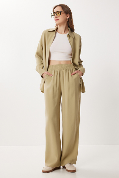 Lovelyİstanbul Oversized Modal Shirt Pants Set Lby0030 Olive Green