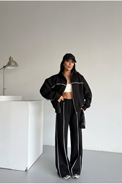 Zeynep Öykü Style Kadın Şerit Detaylı Biyeli 3 İplik İçi Şardonlu Eşofman Takımı