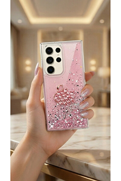 UnDePlus Samsung Galaxy S24 Ultra Kılıf Taşlı Kuğu Kabartmalı Pırıltılı Parlak Silikon Kapak BS1