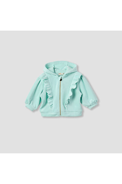 Juniors Ribbed Hooded Jacket with Ruffles and Long Sleeves