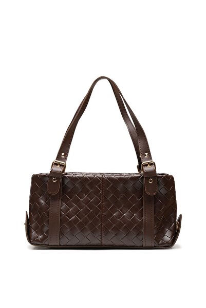 LOTUSVİE Örgü Desenli Kahverengi Kadın Omuz Çantası