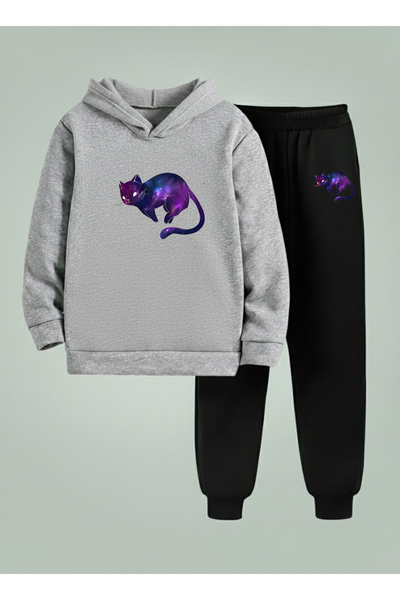 LORVEX سويت شيرت - طقم رياضي للأطفال ( بغطاء رأس ) لون بنفسجي كاتي Ba مطبوع T...