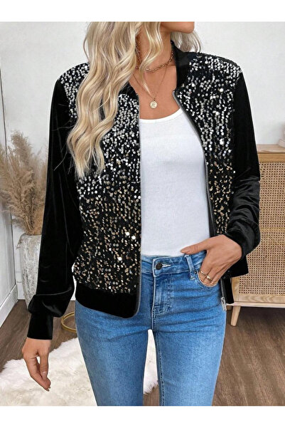 MODA Fashion uzun kollu önü açık fermuarlı trend pulpayetli kadın ceket