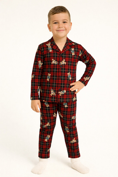 zepkids Shirt Collar Teddy Bear Printed Claret Red Color Boys Pajama Set