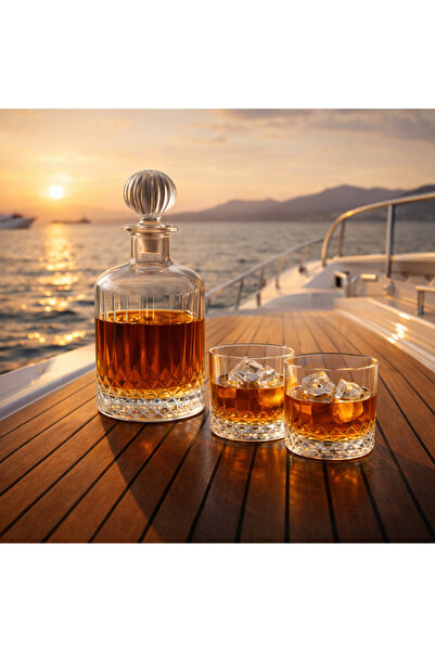 COCEM Cam Viski Karaf Seti | Kristal Tasarım Karaf + 2 Bardak | 3 Parça Şık Sunum Seti