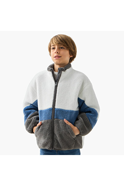 Juniors Panelled Zip Through Jacket with Kangaroo Pocket and Long Sleeves