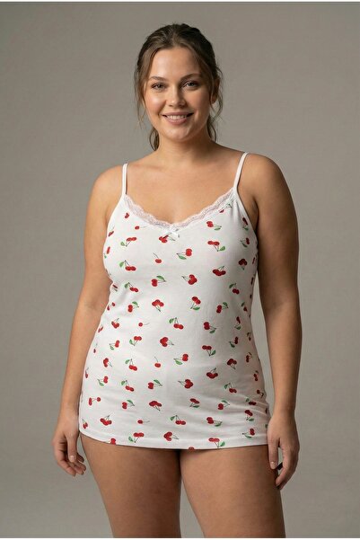JENİKA Patterned Plus Size Combed Cotton Tank Top - Elegant Lace Collar