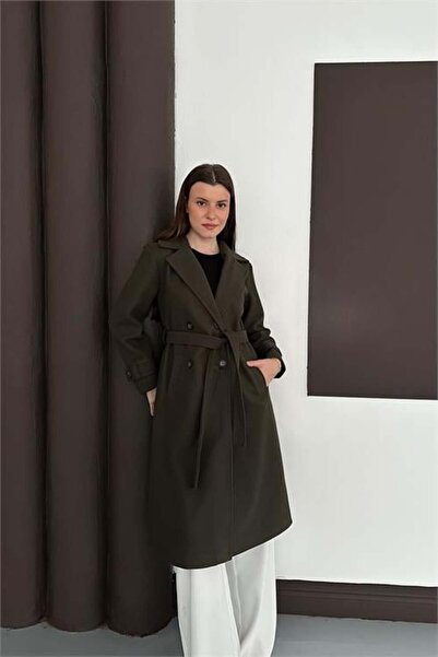 Dipmoda Palton de damă kaki cu nasturi și curea lungime midi cu căptușeală mo...