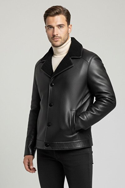 Deriderim Black Lamb Fur Collar Button Closure Men's Genuine Leather Jacket