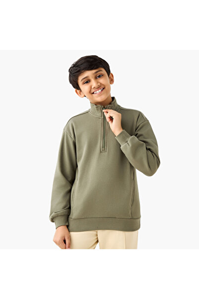 Juniors Solid High Neck Sweatshirt with Zip Closure