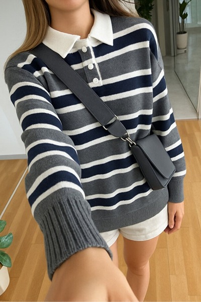 DEMİRBEY TEKSTİL Anthracite Striped Buttoned Polo Neck Women's Knitwear Sweater