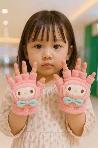 gigigiyim Desenli Kapaklı Kız Çocuk Peluş Parmaksız Eldiven