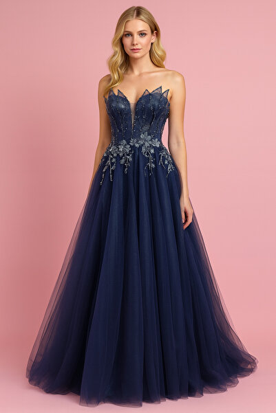 Hüseyin Baştürk Gece Lacivert Işıltılı Tül Tasarım