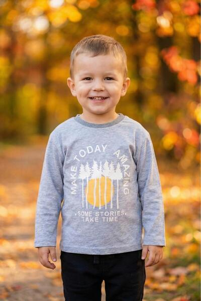 LUESS Erkek Çocuk %100 Pamuk Baskılı Uzun Kollu Tişört - Gri Melanj (3-4 Yaş ...