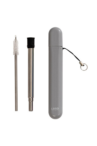 Lund London علبة سكيتلز سترو مدى الحياة - علبة مع ماصة وفرشاة - رمادي