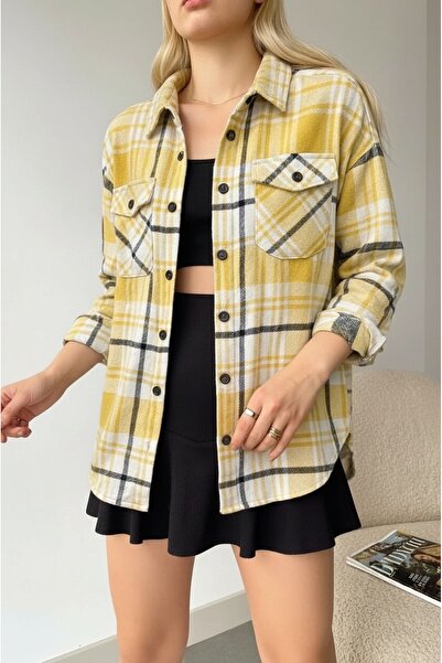 MAMAYAGA Women's Pattern Block Lumberjack Oversized Loose and Wide Fit Casual Pocket Collared Jacket Shirt