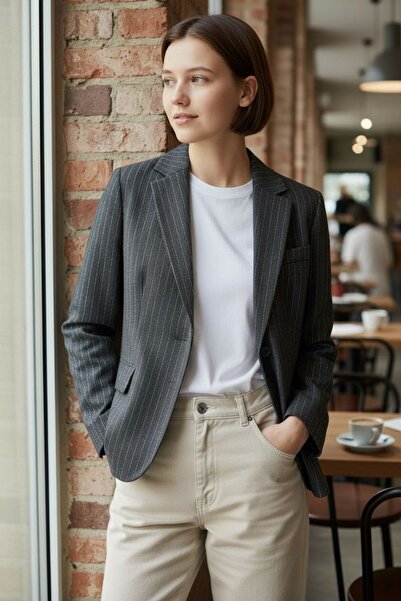 FEG STORE Çizgili Blazer Antrasit Ceket