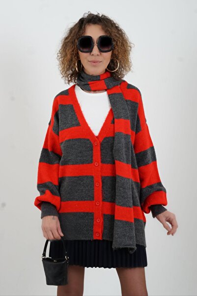 Zelish My Sister Smoked red striped scarf detailed cardigan