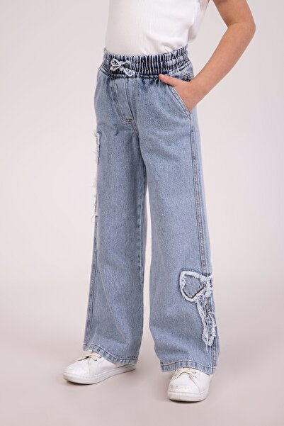 DMB KİDS Kurdela Nakışlı Beli Lastikli Kız Çocuk Kot Pantolon