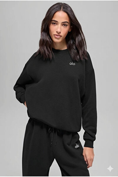 HepsitrentStore سويت شيرت أسود كبير الحجم بأكمام طويلة وياقة دائرية