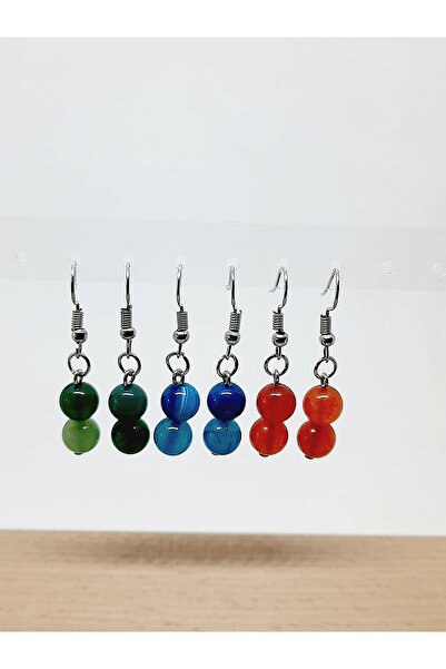 Kusakli 3-Piece Double Earring Set (Green Blue Red Agate)