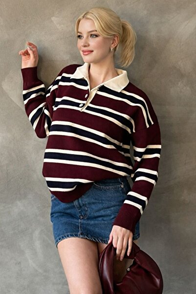 DEMİRBEY TEKSTİL Burgundy Striped Buttoned Polo Neck Women's Knitwear Sweater