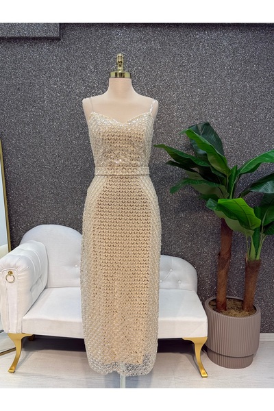 E&A Eren Abiye BEJ MIDI BOY STRAPLEZ BONCUKLU ISLEMELI ABIYE