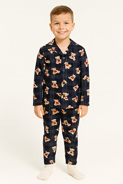 zepkids Shirt Collar Teddy Bear Printed Navy Blue Color Boys Pajama Set