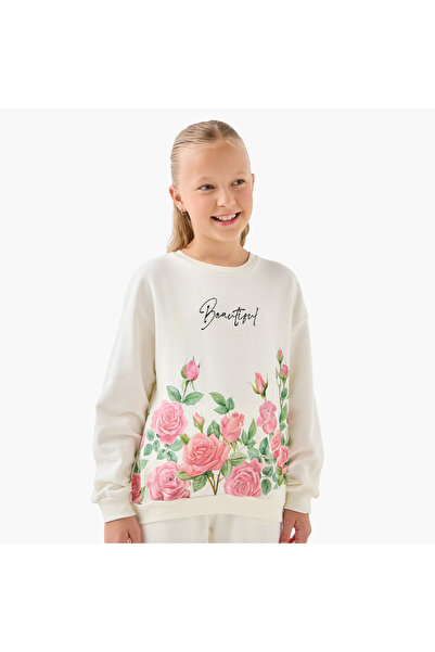 Juniors Girls Crew Neck Sweatshirt with Floral Prints - Cotton - Long Sleeves