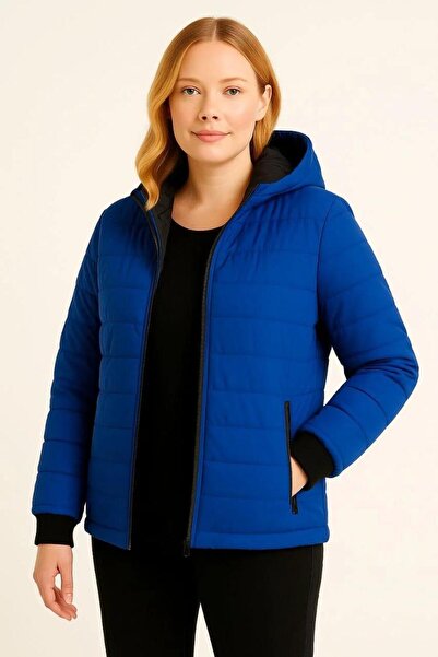 RAWEA FASHİON Women's Inflatable Hooded Zipper Jacket Water Repellent Quilted Lined Fabric with Pockets Winter Comfortable Fit - Cobalt