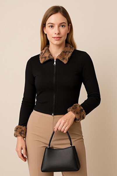 sivona Yakası Kürklü Fermuarlı Bluz