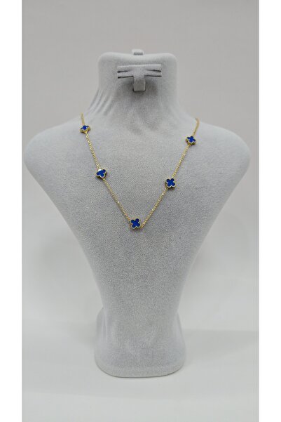 NO NAME Paslanmaz Çelik Mavi Taşlı Gold Renk Çift Taraflı İnce Yonca Kolye