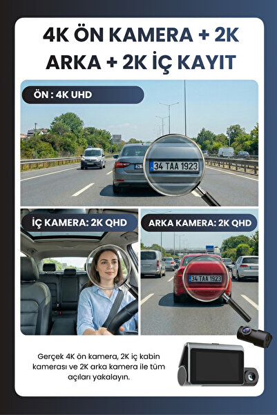 Mieco X18 Wifi /4K UHD/ 170° Ultra Geniş Açı/ ADAS/ G-Sensör / 3 Kameralı Araç Kamerası