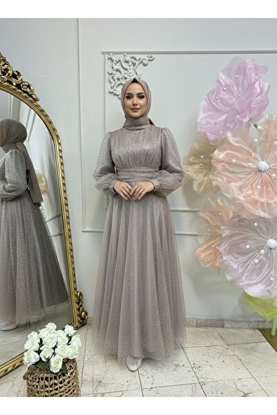 KADİR KORKMAZ GİYİM Simli Astarlı Kabarık Hakim Yaka Prenses Model Tesettür A...