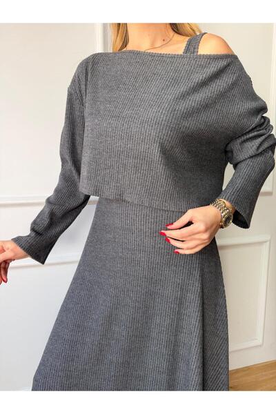 Size Özgü Antrasit Fitilli Elbise Bluz Takım