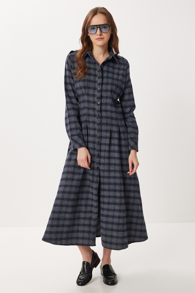 Lovelyİstanbul فستان كاريلي ميدي منسوج LLW0001 أزرق داكن رمادي