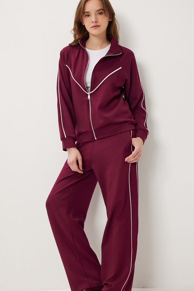 Lovelyİstanbul Contrast Stripe Modal Top and Bottom Set Lby0034 Mürdüm