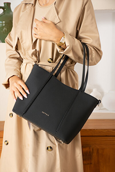 Just Polo Women's Large Size Waterproof Black Long Strap 4 Compartment Hand and Shoulder Bag Try6046