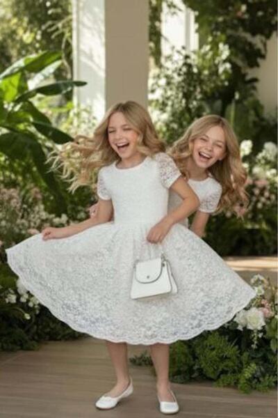 Riccotarz Girl's Lace Embroidered Lined Glitter White Evening Dress