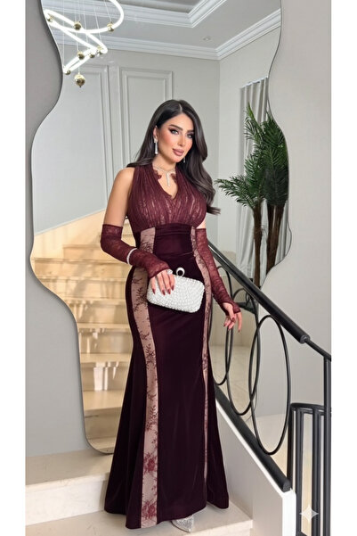 berlanty فستان سهرة مخمل ودانتيل راقٍ بلون العنابي الملكي