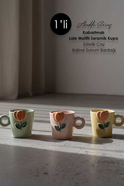 Anadolu Saray Kabartmalı Lale Motifli Seramik Kupa - Estetik Çay Kahve Sunum ...