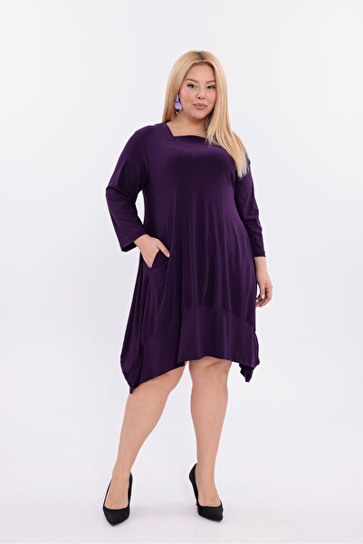 HELVEYS Casual and Stylish Asymmetrical Cut Knee Length Square Neck Sendy Fabric Long Sleeve Plus Size Dress 5011