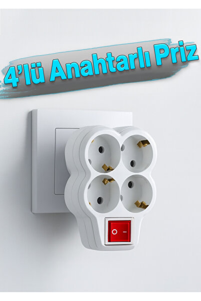 Kursan Yapı 4'lü Beyaz Grup Priz Golyat Düğmeli Fiş Kablosuz Açma Kapamalı Anahtarlı Topraklı Çoklu Çoğaltıcı